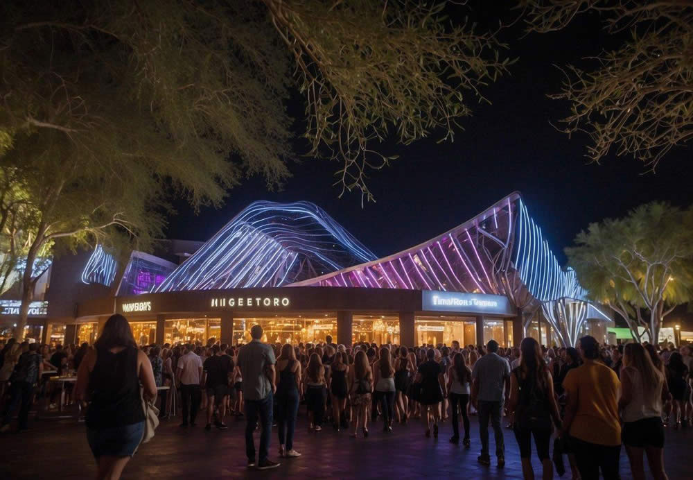 Crowds of people line up outside the top 10 nightclubs in Scottsdale. Bright lights and vibrant music spill out onto the streets, creating an electric atmosphere. The clubs' sleek exteriors and bustling energy make for an exciting scene