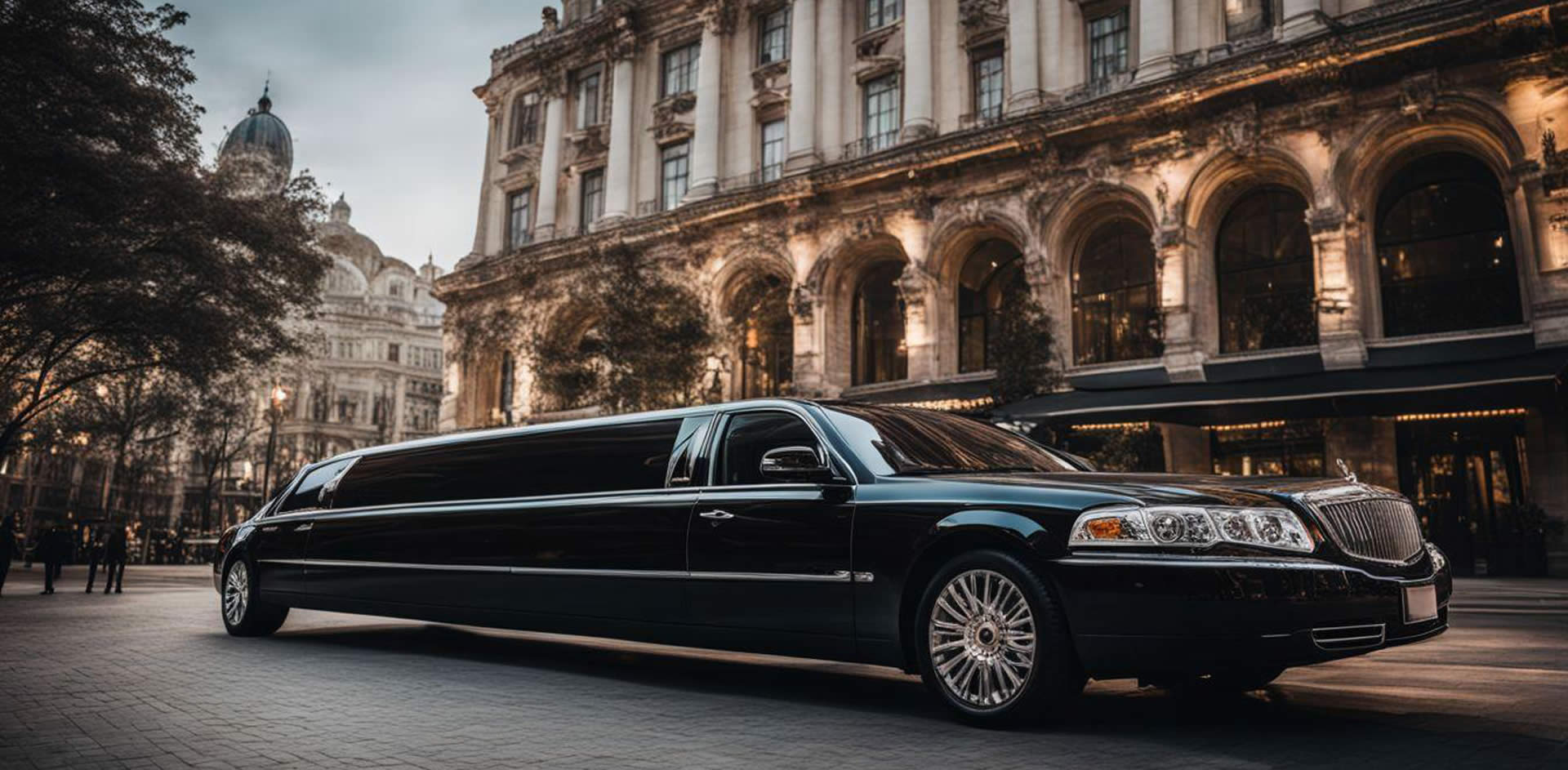 A black limousine parked on the side of a road