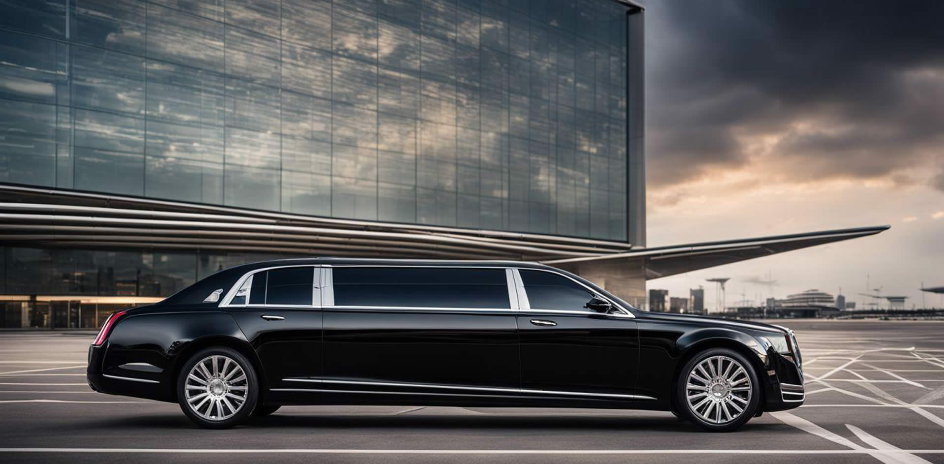 A black limousine parked in front of a building