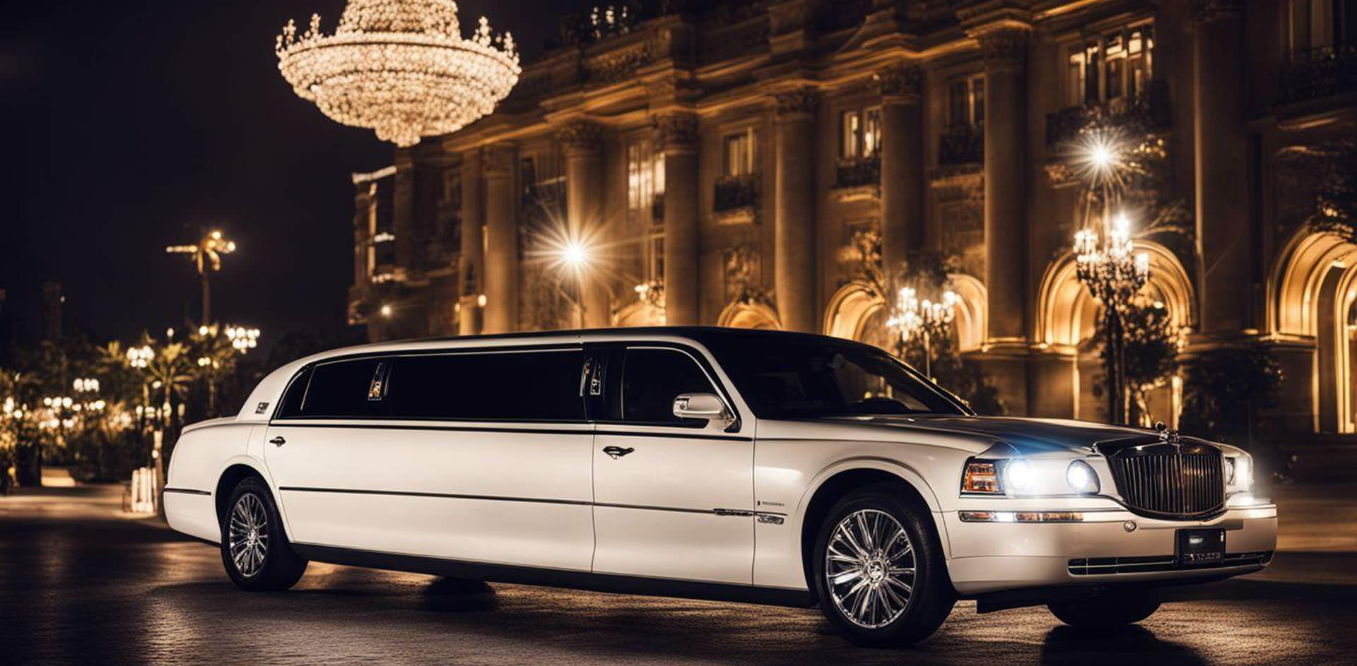A white limousine parked in front of a building