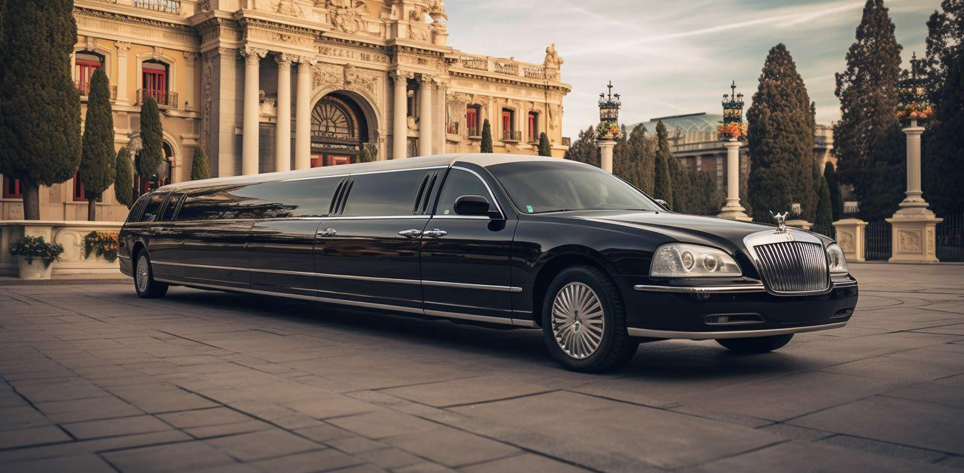 A long black limousine parked in front of a building