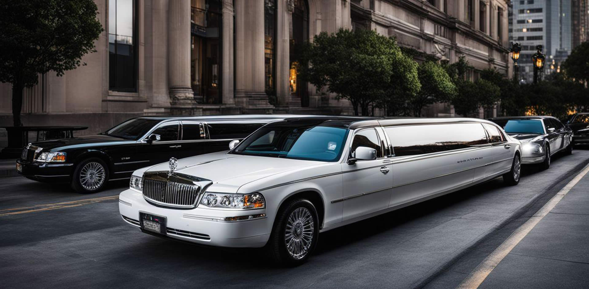 A long white limousine parked on the side of a road