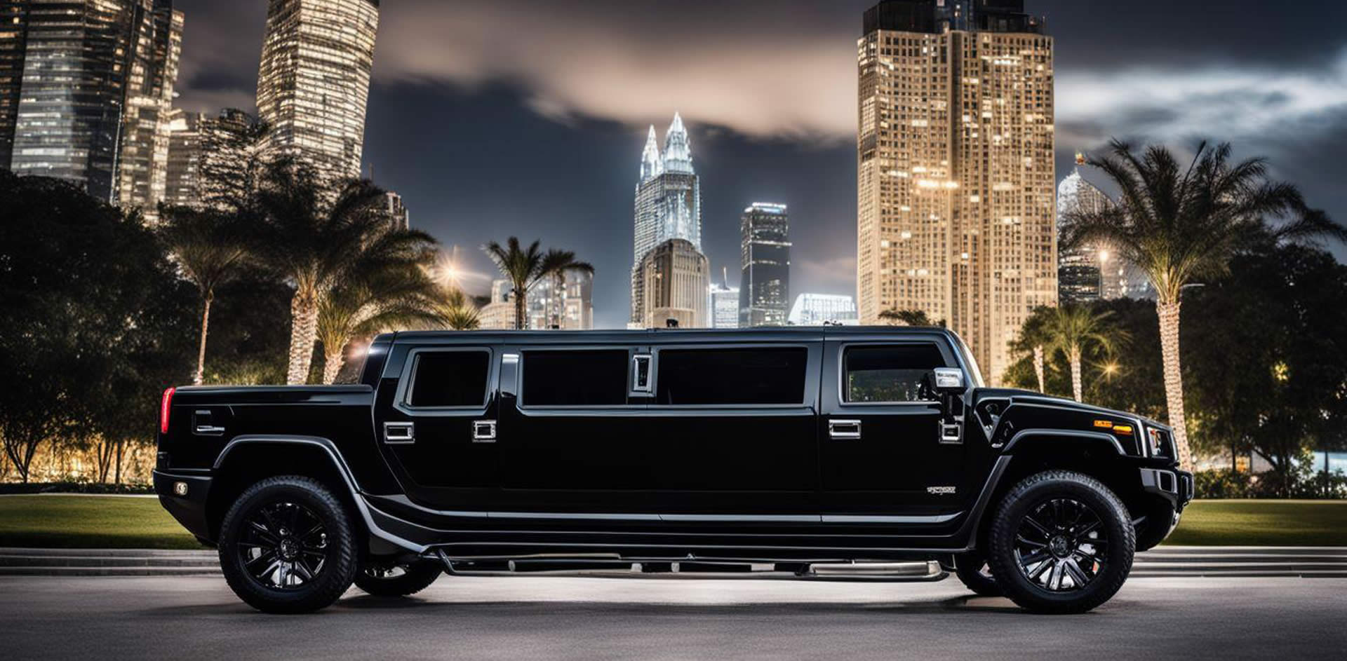 A black limousine parked in front of a city skyline