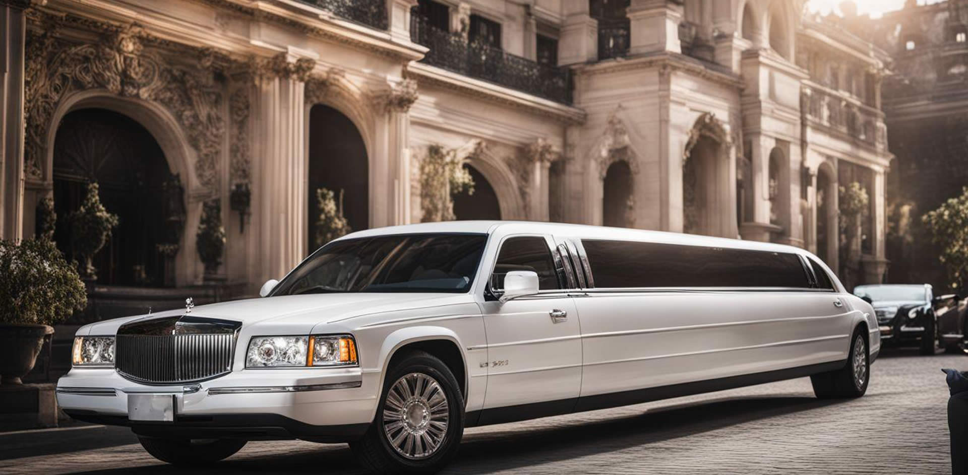 A white limousine parked in front of a building